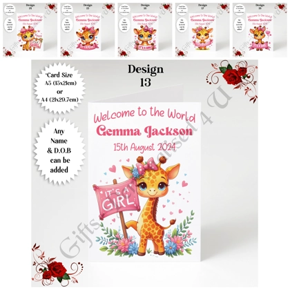 A5 or A4 Personalised Greeting Card - Newborn Baby - Giraffe - Girl - Baby Name & DOB - D.13-18 A5 or A4 Personalised Greeting Card - Newborn Baby - Giraffe - Girl - Baby Name & DOB - D.13-18