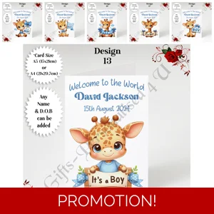 A5 or A4 Personalised Greeting Card - Newborn Baby - Giraffe - Boy - Baby Name & DOB - D.13-18