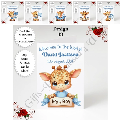 A5 or A4 Personalised Greeting Card - Newborn Baby - Giraffe - Boy - Baby Name & DOB - D.13-18 A5 or A4 Personalised Greeting Card - Newborn Baby - Giraffe - Boy - Baby Name & DOB - D.13-18
