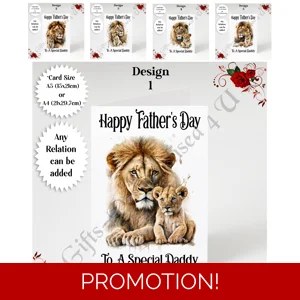 A5 or A4 Personalised Greeting Card - Happy Father's Day - Lion - Any Relation - D.1-5