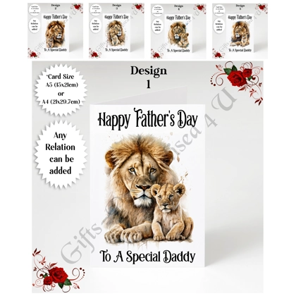 A5 or A4 Personalised Greeting Card - Happy Father's Day - Lion - Any Relation - D.1-5 A5 or A4 Personalised Greeting Card - Happy Father's Day - Lion - Any Relation - D.1-5