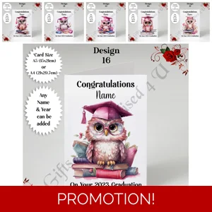 A5 or A4 Personalised Greeting Card - Graduation - Owl - Name - D.16-21