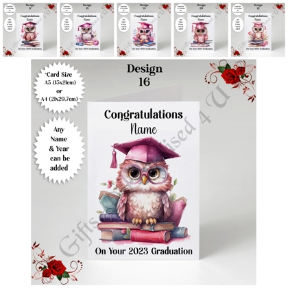A5 or A4 Personalised Greeting Card - Graduation - Owl - Name - D.16-21 A5 or A4 Personalised Greeting Card - Graduation - Owl - Name - D.16-21