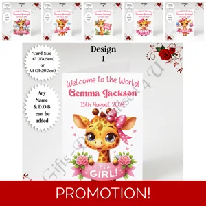 A5 or A4 Personalised Greeting Card - Newborn Baby - Giraffe - Girl - Baby Name & DOB - D.1-6