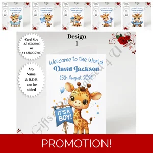 A5 or A4 Personalised Greeting Card - Newborn Baby - Giraffe - Boy - Baby Name & DOB - D.1-6