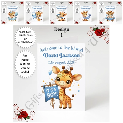 A5 or A4 Personalised Greeting Card - Newborn Baby - Giraffe - Boy - Baby Name & DOB - D.1-6 A5 or A4 Personalised Greeting Card - Newborn Baby - Giraffe - Boy - Baby Name & DOB - D.1-6