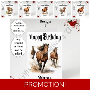 A5 or A4 Personalised Greeting Card - Horses - Happy Birthday - Name or Relation - D.1-6