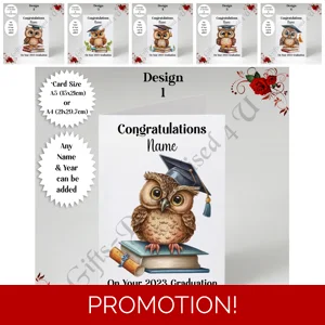 A5 or A4 Personalised Greeting Card - Graduation - Owl - Name - D.1-6