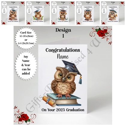 A5 or A4 Personalised Greeting Card - Graduation - Owl - Name - D.1-6 A5 or A4 Personalised Greeting Card - Graduation - Owl - Name - D.1-6