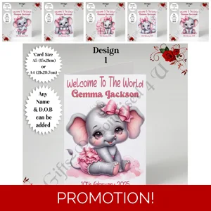 A5 or A4 Personalised Greeting Card - Newborn Baby - Elephant - Girl - Baby Name & DOB - D.1-6