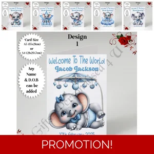 A5 or A4 Personalised Greeting Card - Newborn Baby - Elephant - Boy - Baby Name & DOB - D.1-6