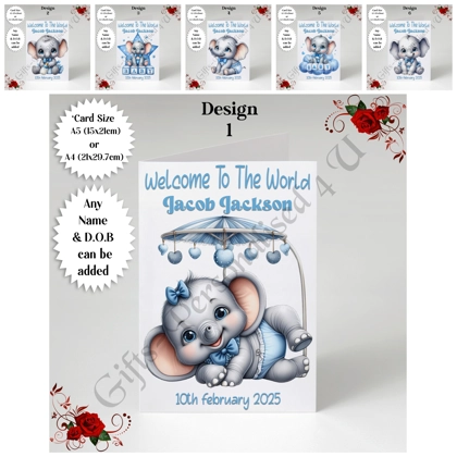 A5 or A4 Personalised Greeting Card - Newborn Baby - Elephant - Boy - Baby Name & DOB - D.1-6 A5 or A4 Personalised Greeting Card - Newborn Baby - Elephant - Boy - Baby Name & DOB - D.1-6