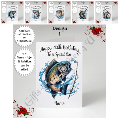 A5 or A4 Personalised Greeting Card - Fishing - Happy Birthday - Any Age / Relation & Name - D.1-6 A5 or A4 Personalised Greeting Card - Fishing - Happy Birthday - Any Age / Relation & Name - D.1-6