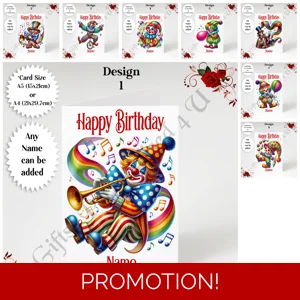 A5 or A4 Personalised Greeting Card - Clown - Happy Birthday - Name - D.1-8
