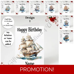 A5 or A4 Personalised Greeting Card - Sailing Ship - Happy Birthday - Name or Relation - D.1-8