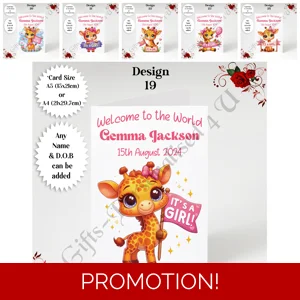 A5 or A4 Personalised Greeting Card - Newborn Baby - Giraffe - Girl - Baby Name & DOB - D.19-24