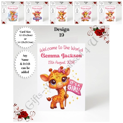 A5 or A4 Personalised Greeting Card - Newborn Baby - Giraffe - Girl - Baby Name & DOB - D.19-24 A5 or A4 Personalised Greeting Card - Newborn Baby - Giraffe - Girl - Baby Name & DOB - D.19-24