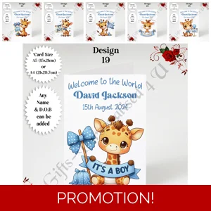 A5 or A4 Personalised Greeting Card - Newborn Baby - Giraffe - Boy - Baby Name & DOB - D.19-24