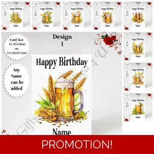 A5 or A4 Personalised Greeting Card - Beer - Happy Birthday - Name - D.1-9