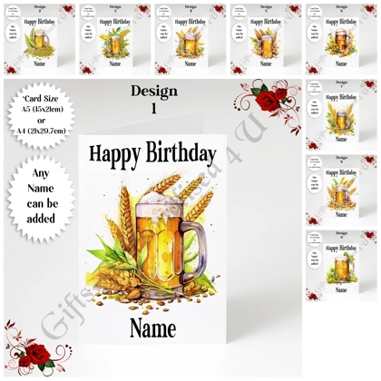 A5 or A4 Personalised Greeting Card - Beer - Happy Birthday - Name - D.1-9