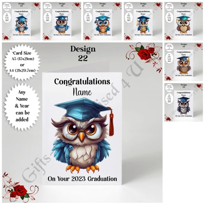 A5 or A4 Personalised Greeting Card - Graduation - Owl - Name - D.22-29 A5 or A4 Personalised Greeting Card - Graduation - Owl - Name - D.22-29