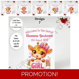 A5 or A4 Personalised Greeting Card - Newborn Baby - Giraffe - Girl - Baby Name & DOB - D.7-12