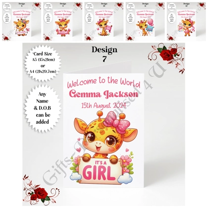 A5 or A4 Personalised Greeting Card - Newborn Baby - Giraffe - Girl - Baby Name & DOB - D.7-12 A5 or A4 Personalised Greeting Card - Newborn Baby - Giraffe - Girl - Baby Name & DOB - D.7-12