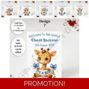 A5 or A4 Personalised Greeting Card - Newborn Baby - Giraffe - Boy - Baby Name & DOB - D.7-12