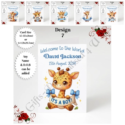 A5 or A4 Personalised Greeting Card - Newborn Baby - Giraffe - Boy - Baby Name & DOB - D.7-12 A5 or A4 Personalised Greeting Card - Newborn Baby - Giraffe - Boy - Baby Name & DOB - D.7-12