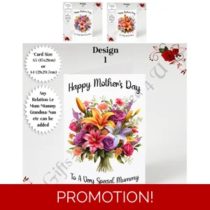 A5 or A4 Personalised Greeting Card - Flowers - Happy Mother's Day - Mum Mummy Grandma etc - D.1-3