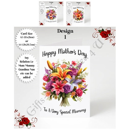 A5 or A4 Personalised Greeting Card - Flowers - Happy Mother's Day - Mum Mummy Grandma etc - D.1-3 A5 or A4 Personalised Greeting Card - Flowers - Happy Mother's Day - Mum Mummy Grandma etc - D.1-3