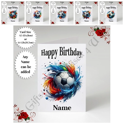 A5 or A4 Personalised Greeting Card - Happy Birthday - Football - Name - D.1-6