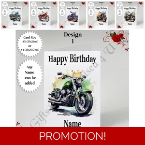 A5 or A4 Personalised Greeting Card - Motorbike - Happy Birthday - Name - D.1-6