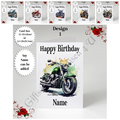 A5 or A4 Personalised Greeting Card - Motorbike - Happy Birthday - Name - D.1-6 A5 or A4 Personalised Greeting Card - Motorbike - Happy Birthday - Name - D.1-6