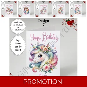 A5 or A4 Personalised Greeting Card - Happy Birthday - Unicorn - Name - D.7-12