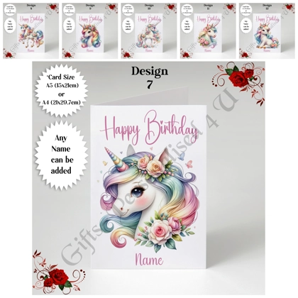 A5 or A4 Personalised Greeting Card - Happy Birthday - Unicorn - Name - D.7-12 A5 or A4 Personalised Greeting Card - Happy Birthday - Unicorn - Name - D.7-12
