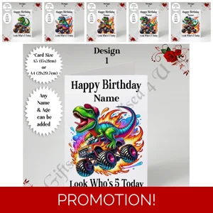 A5 or A4 Personalised Greeting Card - Happy Birthday T-Rex / Monster Truck - Any Age / Name  D.1-6