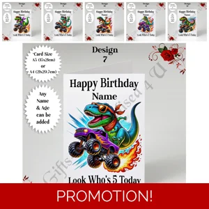 A5 or A4 Personalised Greeting Card - Happy Birthday T-Rex / Monster Truck - Any Age / Name  D.7-12