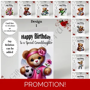 A5 or A4 Personalised Greeting Card - Happy Birthday - Bear - Football - Any Relation - D.1-10