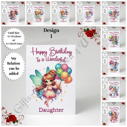 A5 or A4 Personalised Greeting Card - Happy Birthday - Fairy - Any Relation - D.1-10 A5 or A4 Personalised Greeting Card - Happy Birthday - Fairy - Any Relation - D.1-10