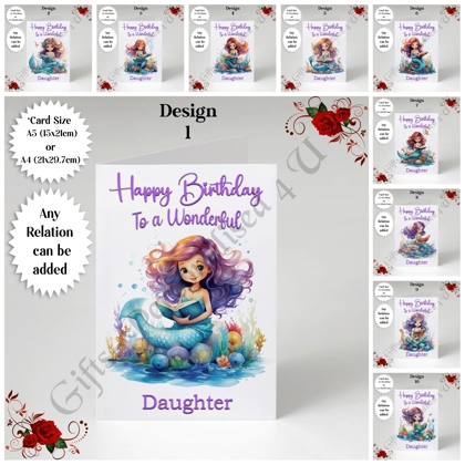 A5 or A4 Personalised Greeting Card - Happy Birthday - Mermaid - Any Relation - D.1-10 A5 or A4 Personalised Greeting Card - Happy Birthday - Mermaid - Any Relation - D.1-10