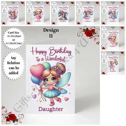 A5 or A4 Personalised Greeting Card - Happy Birthday - Fairy - Any Relation - D.11-18 A5 or A4 Personalised Greeting Card - Happy Birthday - Fairy - Any Relation - D.11-18