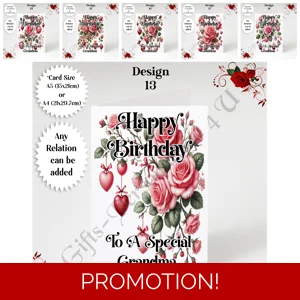 A5 or A4 Personalised Greeting Card - Happy Birthday - Roses & Hearts - Any Relation - D.13-18