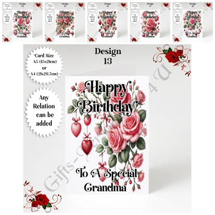 A5 or A4 Personalised Greeting Card - Happy Birthday - Roses & Hearts - Any Relation - D.13-18 A5 or A4 Personalised Greeting Card - Happy Birthday - Roses & Hearts - Any Relation - D.13-18