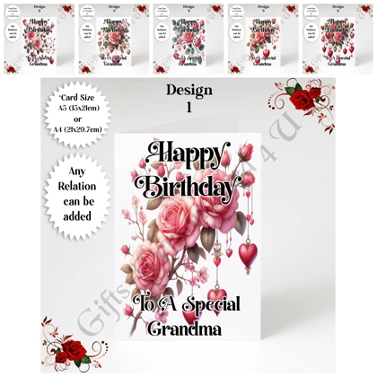 A5 or A4 Personalised Greeting Card - Happy Birthday - Roses & Hearts - Any Relation - D.1-6 A5 or A4 Personalised Greeting Card - Happy Birthday - Roses & Hearts - Any Relation - D.1-6
