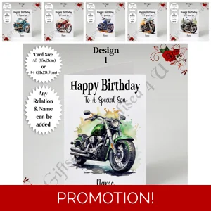 A5 or A4 Personalised Greeting Card - Motorbike - Happy Birthday - Any Relation & Name - D.1-6