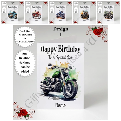 A5 or A4 Personalised Greeting Card - Motorbike - Happy Birthday - Any Relation & Name - D.1-6 A5 or A4 Personalised Greeting Card - Motorbike - Happy Birthday - Any Relation & Name - D.1-6