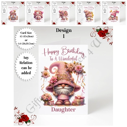A5 or A4 Personalised Greeting Card - Happy Birthday - Gnome - Any Relation - D.1-6 A5 or A4 Personalised Greeting Card - Happy Birthday - Gnome - Any Relation - D.1-6