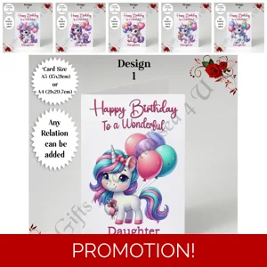 A5 or A4 Personalised Greeting Card - Happy Birthday - Unicorn - Any Relation - D.1-6
