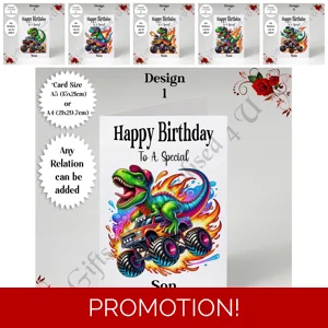 A5 or A4 Personalised Greeting Card - Happy Birthday - T-Rex / Monster Truck - Any Relation - D.1-6